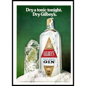 1974 Gilbey's Dry Gin Tonic Vintage Print Ad Highball Ice Frozen Bottle Wall Art